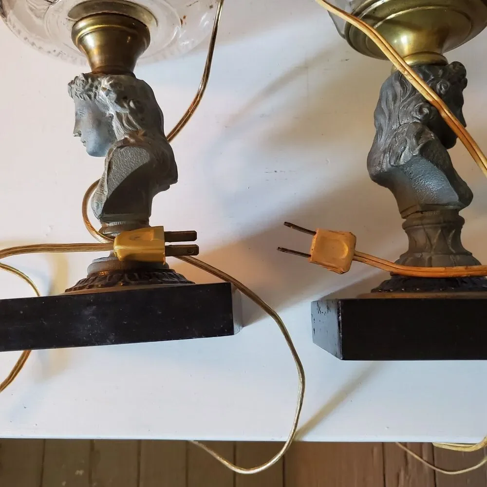2 Antique Oil Electric Lamps Female Bust Spelter Metal Black & Brass Base Glass